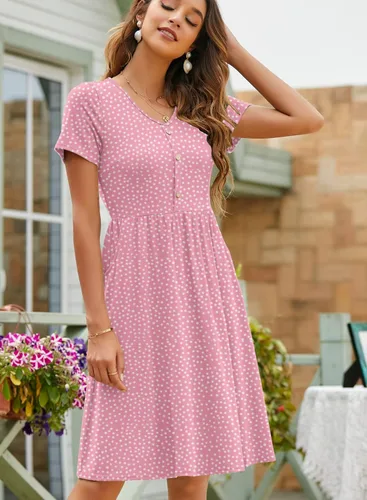 Vista 4 de YATHON - Vestidos de verano para mujer con mangas, de algodón, con cuello en V, botones y bolsillos, de corte acampanado, estilo casual