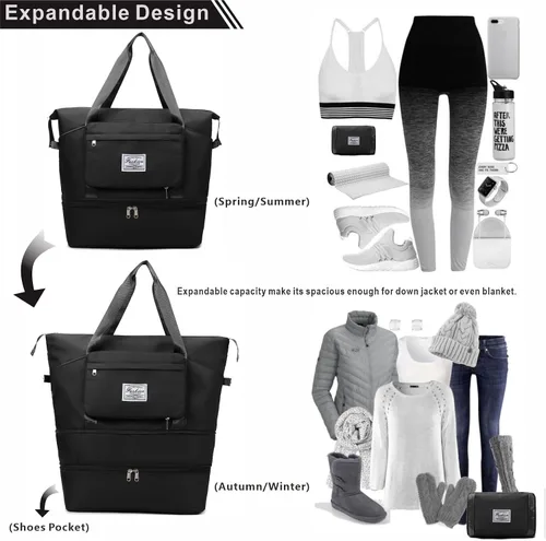 Vista 3 de Rhewatin Bolsa de gimnasio expandible para mujer, bolsa de fin de semana plegable con bolsillo húmedo, bolsa de noche para viajes, gimnasio, yoga