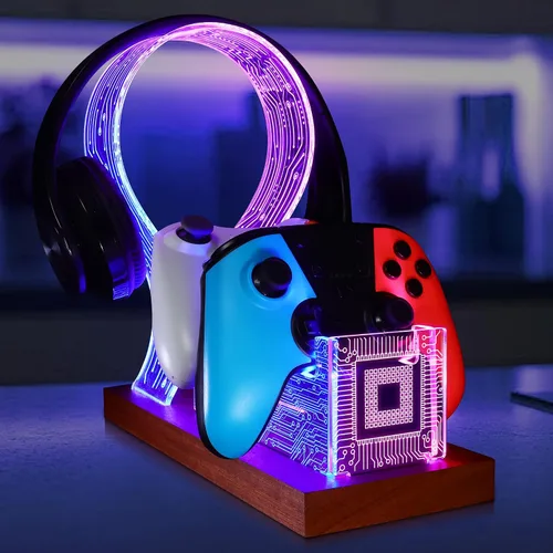 Vista 9 de YuanDian Gamer Gifts for Teenage Boy, Can't Hear You I'm Gaming Headset and Controller Stand, Acrylic Wooden Controller Holder with Blue Pink LED