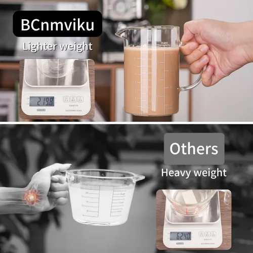 Vista 3 de BCnmviku Taza medidora de vidrio de 500ML 2 tazas con asa, vidrio de borosilicato alto tres escalas