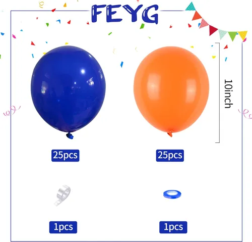 Vista 2 de Globos azules y naranjas, 50 unidades, globos de látex azules y naranjas, globos de fiesta azules y naranjas, decoración de cumpleaños para niñas