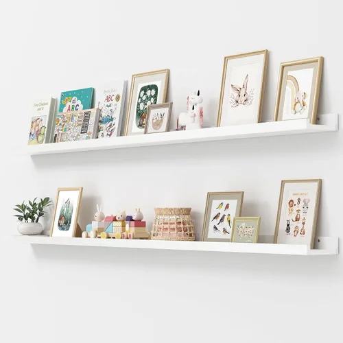 Vista 51 de FLYJOE Estante de repisa de fotos para pared, 24 pulgadas de madera de fresno maciza, estantes para libros de guardería, estantes flotantes