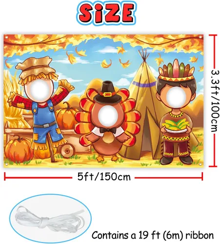 Vista 2 de Telón de fondo de cara en agujero de Acción de Gracias, 5 x 3.3 pies, espantapájaros, pavo, cara india, accesorios para fotos, fondo de fotografía