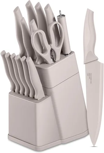Vista 8 de LIANYU Juego de cuchillos de cocina con bloque y afilador, juego de 15 piezas de bloque de cuchillos, juego de cuchillos de chef de acero inoxidable
