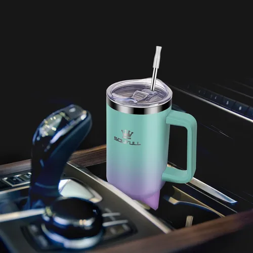 Vista 8 de Vaso de 40 onzas con asa y tapa con popote, taza de café de viaje 100% a prueba de fugas, taza aislada de acero inoxidable para bebidas frías