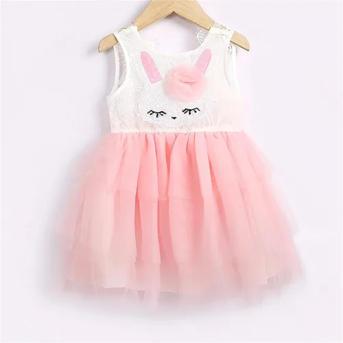 Vista 2 de Vestido de cumpleaños para niña, sin mangas, con capas de tul, tutú de princesa, vestido de primer cumpleaños, ropa de verano Rosado