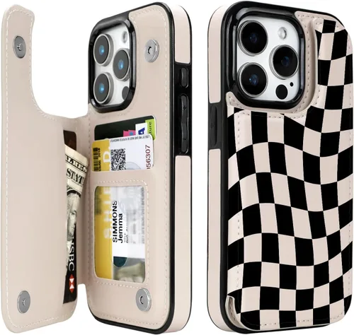 Vista 50 de uCOLOR - Funda tipo cartera para iPhone 15 con tarjetero y diseño de lunares con leche de almendra Bloqueo RFID de piel sintética para mujeres