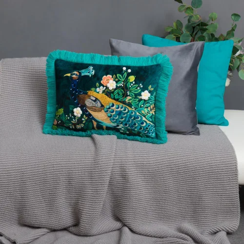 Vista 8 de JWH Funda de almohada con estampado de flores de pavo real azul y verde, funda de almohada decorativa de chenilla con borlas para cama, sala