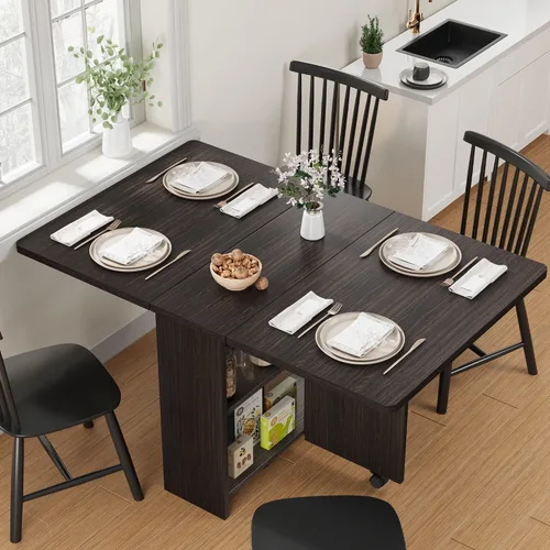 Vista 13 de IDEALHOUSE Mesa Plegable, Mesa de Comedor de Hoja Abatible con 6 Ruedas y Estante de Almacenamiento de 2 Niveles, Mesa de Ahorro de Espacio