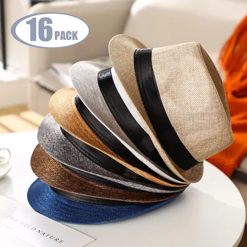 Vista 2 de Coume 16 sombreros Fedora de paja de los años 20, sombreros clásicos Fedora, sombreros de ala corta, sombreros de verano para hombres y mujeres