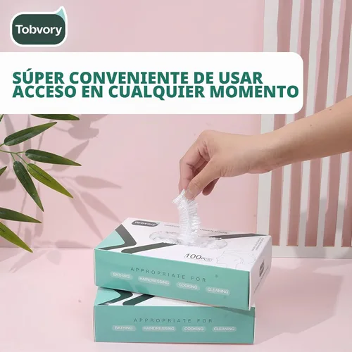 Vista 2 de Gorros de ducha desechables - 100 unidades Tobvory, gorro de ducha impermeable de plástico para mujer y hombre, gorro de ducha extra elástico