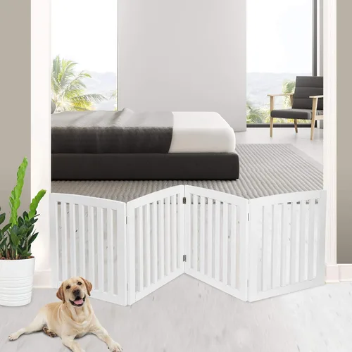 Vista 11 de Puerta para perros para mascotas, para interiores, para escaleras, puertas, 82 x 24 pulgadas, 4 paneles, valla para perros, extra ancha, de madera