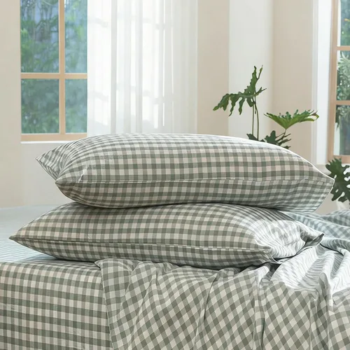 Vista 75 de MooMee Juego de 2 fundas de almohada de cuadros 100% algodón lavado con textura parecida al lino, transpirable, duradera, suave y cómoda