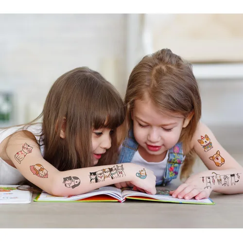 Vista 4 de UVUXO Tatuaje temporal de gato y perro para niños, 102 estilos de animales de dibujos animados temporales para niñas, niños, cuerpo, brazo, hombro