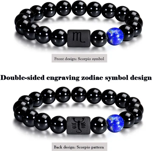 Vista 2 de VLINRAS - Pulsera de signo del zodiaco, para hombre y mujer, de 0.315 y 0.394 pulgadas, ónice negro natural, signo de estrella, constelación