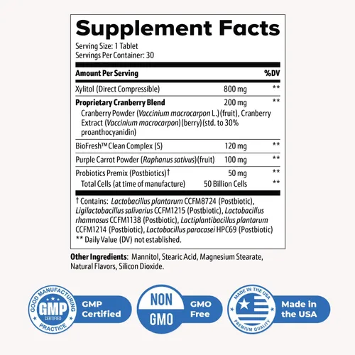 Vista 3 de DentaBiome – Xylitol, Cranberry & Postbiotic Tabs – 30 Ct, 3 Month Supply
