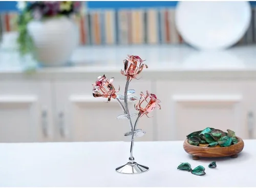 Vista 6 de Matashi Figura de flores de metal dorado rosa y cromo con cristales rojos y rosados, impresionante regalo de decoración de mesa rosa para el día