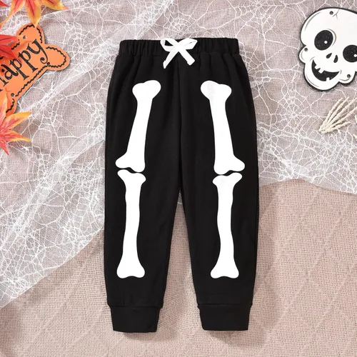 Vista 6 de Conjunto de ropa de niños pequeños con capucha y sudadera a cuadros de manga larga para otoño e invierno Esqueleto negro