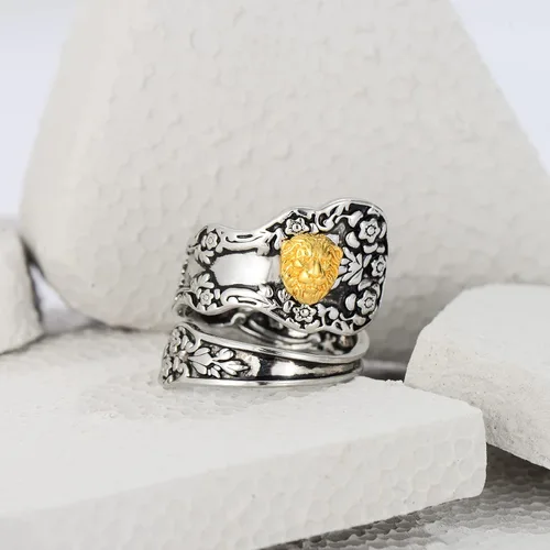 Vista 5 de Spoon Ring for Women Mushroom Moon Lion Bee Handmade Statement Wraparound Adjustable Size Thumb Fashion Bug Jewelry