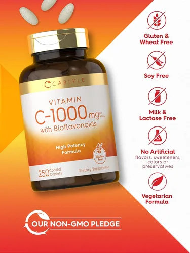 Vista 5 de Carlyle Vitamina C 1000mg con Bioflavonoides 250 Comprimidos con Escaramujo Suplemento Vegetariano, Sin OMG, Sin Gluten