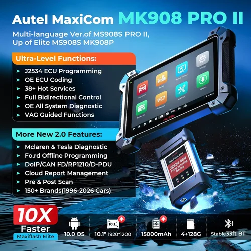 Vista 2 de Autel escáner MaxiCOM MK908 Pro II, J2534 ECU Función como Elite 2 Pro MS909 15000mAh Up of MaxiSys MS908S PRO II MS906 MAX MK908 II MS906 Pro