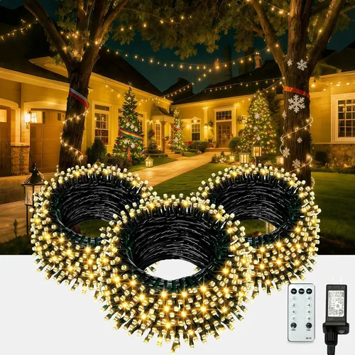 Vista 10 de AHAWILL Luces de Navidad blancas cálidas para exteriores, tira de 250 luces LED de 83 pies con 8 modos, luces de árbol de Navidad para interiores