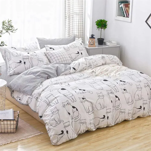 Vista 2 de Juego de funda de edredón de gatos, tamaño individual, ropa de cama 100% algodón, varios patrones de gatos de dibujos animados impresos en blanco