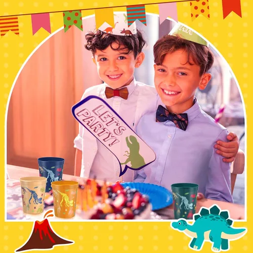 Vista 7 de Nuanchu Paquete de 24 vasos de plástico para fiesta de dinosaurios, suministros de cumpleaños, vaso de dinosaurio reutilizable para decoración