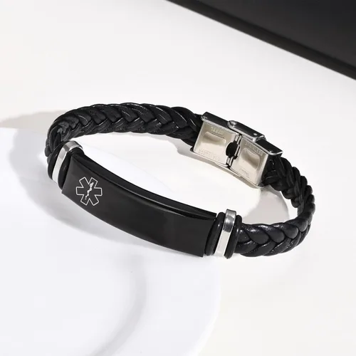 Vista 3 de MEALGUET Pulseras médicas personalizadas para hombres: grabado gratuito de acero inoxidable negro y cuero trenzado pulsera de alerta médica