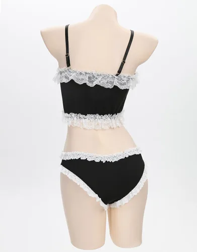Vista 3 de Mobbunny Conjunto de mucama superior e inferior con medias para disfraz de cosplay de sirvienta con volantes de encaje