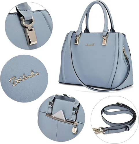 Vista 4 de BOSTANTEN Bolso de piel para mujer con asa superior bolso de hombro bolso cruzado azul y cuero para mujer con bloqueo RFID cremallera alrededor