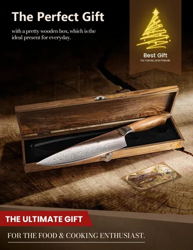 Vista 7 de Cuchillo de chef de Damasco en acero japonés, cuchillo de cocina de Damasco de 67 capas con caja de regalo de madera y mango de madera de olivo