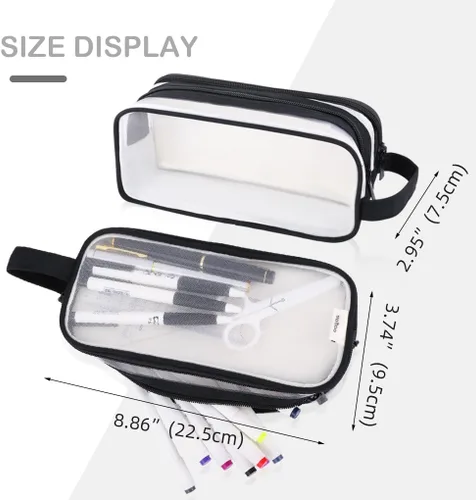 Vista 5 de Oyachic Estuche para lápices de 2 compartimentos de malla transparente para bolígrafos, bolsa de cosméticos para maquillaje, bolsa de cosméticos