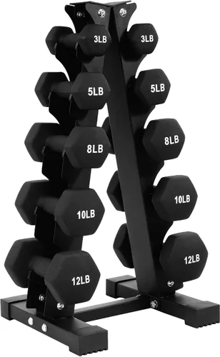 Vista 11 de BalanceFrom Neoprene Coated Iron Dumbbell Hex Weights Set with Stand – Color-Coded or Black Options with Non-Slip Grip for Strength Training
