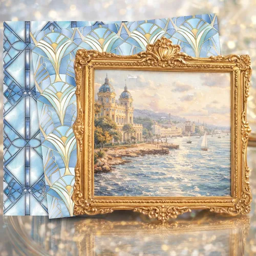 Vista 7 de PRSTINCOL Papel para álbum de recortes, 16 hojas de 6 x 6 pulgadas, suministros de álbum de recortes de estilo de ventana azul, papel de decoupage