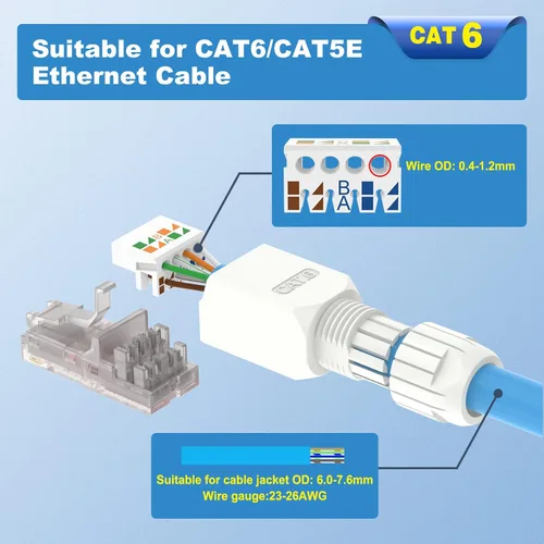 Vista 5 de VCELINK Conector RJ45 sin herramientas, enchufe de terminación de campo CAT6, enchufe modular chapado en oro, conector UTP CAT6 sin herramientas