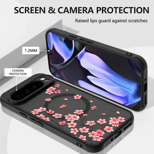 Vista 3 de ZIYE Funda magnética para Google Pixel 9 Pro XL de 6.8 pulgadas [compatible con MagSafe] funda de policarbonato duro y TPU suave con flor de cerezo