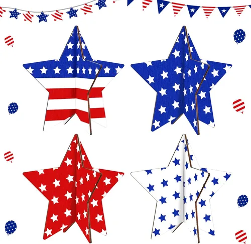 Vista 7 de Bucherry 4 juegos de centros de mesa patrióticos para el Día de los Caídos de madera, letreros de estrellas de madera, rojo, blanco, azul, 4