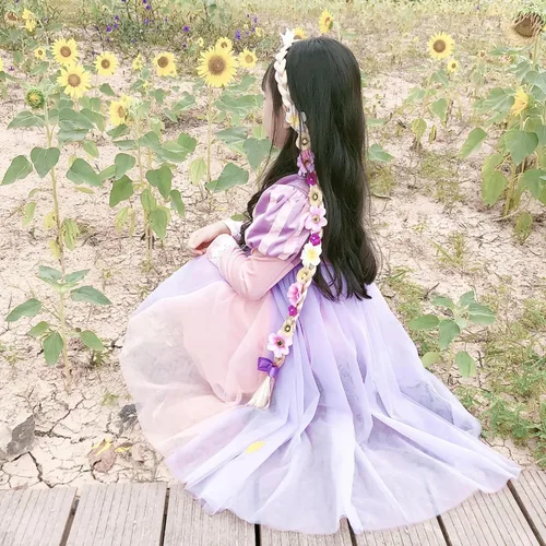 Vista 6 de Peluca de princesa Rapunzel larga trenzada con diadema de flores de tiara para niñas, accesorios de disfraz de 29 pulgadas