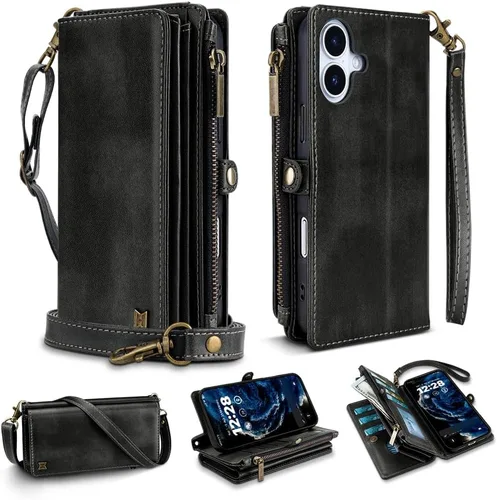 Vista 56 de Funda tipo cartera para iPhone 16 Pro Max con 8 tarjeteros, bloqueo RFID, piel sintética, función atril, abatible, correa de muñeca y correa