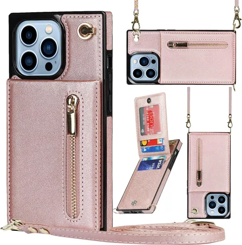 Vista 10 de Funda compatible con iPhone 13 de 6.1 pulgadas, a prueba de golpes, bolsillo con cremallera, correa de hombro, elegante funda protectora para iPhone