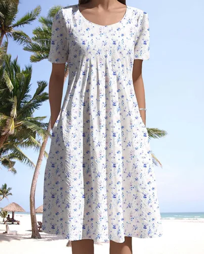 Vista 2 de Vestidos bohemios para mujer, estampado floral, manga corta, cuello redondo, talla grande, vestido de vacaciones con bolsillos para verano 2025