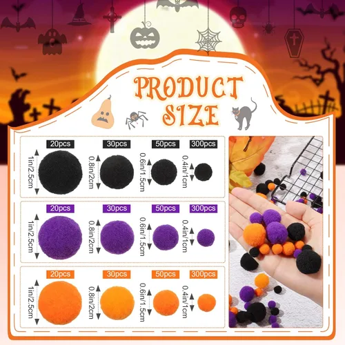 Vista 2 de Tegeme 1200 bolas de pompones para manualidades, decoración de guirnaldas de oficina en casa (negro, naranja, morado)