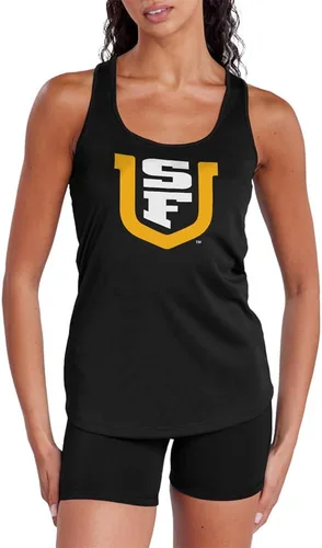 Vista 293 de Camiseta deportiva sin mangas oficial de NCAA Collegiate para mujer, con espalda cruzada, colección con logotipo primario