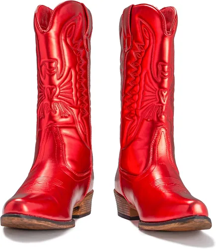 Vista 6 de IUV - Botas de cowboy para mujer, botas vaqueras a media pantorrilla, botas de vaquera con punta puntiaguda, botas occidentales B-Rojo