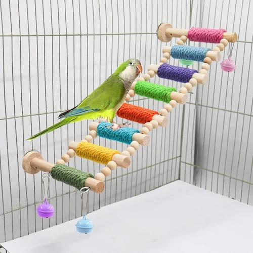 Vista 6 de Accesorios para jaula de pájaros, puente de madera con cuerda colorida en escalones, escalera de escalada de pájaros para periquitos, cacatúas