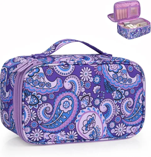 Vista 18 de Relavel Bolsa de maquillaje pequeña para mujer y niña, bolsa de maquillaje y brochas portátil de 2 capas, organizador de brochas de regalo de Navidad
