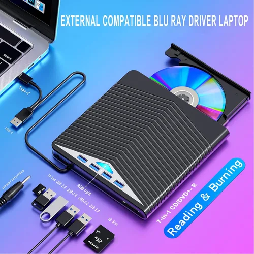 Vista 2 de Dainty Unidad Blu ray externa 7 en 1 lectura/escritura con quemador Bluray USB 3.0 y tipo C compatible con/Windows7-11 Mac OS Soporte para unidad
