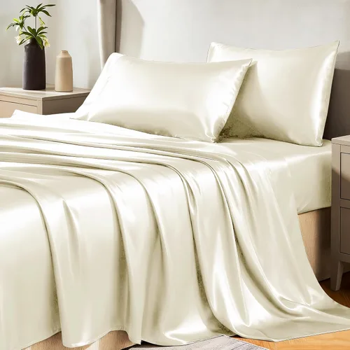 Vista 10 de Juego de sábanas de satén CozyLux de microfibra sedosa con bolsillo profundo, sábana bajera plana y fundas de almohada, suave y suave