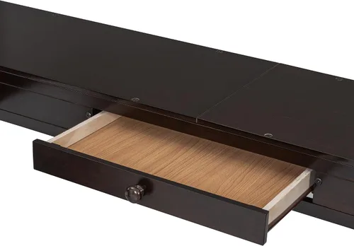 Vista 8 de Cama loft de madera tamaño matrimonial con escritorio en forma de U y espejo de tres pliegues, base de cama tipo loft multifunción con Espresso-10.16